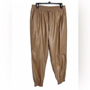 Women’s Casual Drawstring Faux Leather Jogger Pant with Pockets, Tan